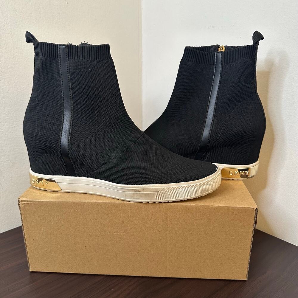 DKNY Black Knit Zip-up Wedge High-Top Sneaker Boot with Gold Accents, Size 10